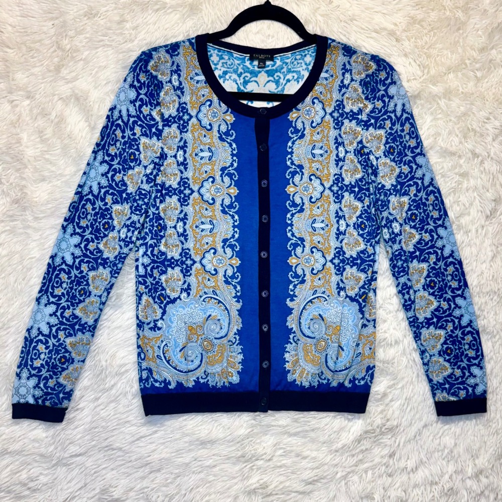 Talbots Women's Petite Medium Blue Yellow Paisley Button Front Cardigan Sweater